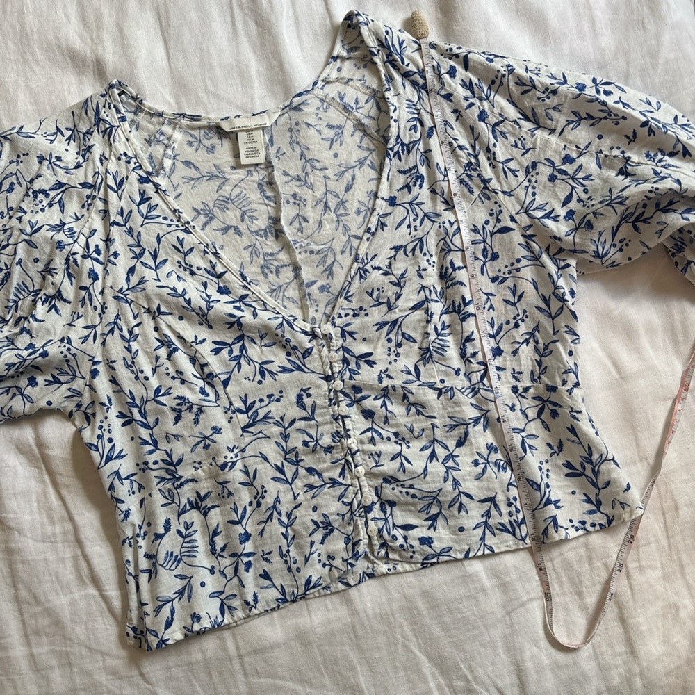 H&M Blue Floral Linen-Blend Puff Sleeve Blouse Size Med Cottagecore - Picture 7 of 7